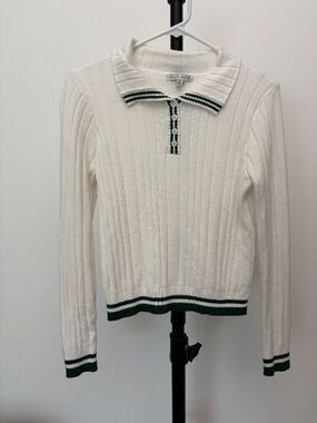 Haute Monde Women's Size M White Ribbed Knit Polo Sweater Varsity Preppy Tennis